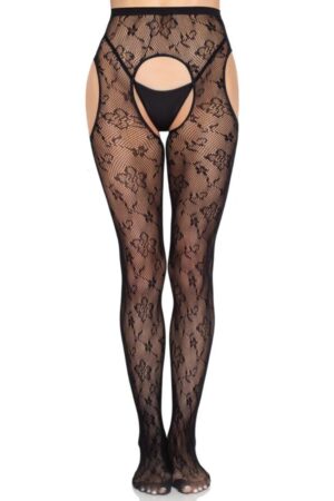LEG AVENUE - 1967 BLOOM NET SUSPENDER TIGHTS BLACK - ONE SIZE
