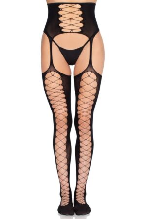 LEG AVENUE - 1968 STOCKINGS WITH ATTACHED GARTER BELT BLACK - ONE SIZE