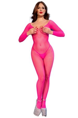 CHILIROSE - CR 4894 NEON PINK MESH BODYSTOCKING S/M