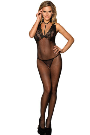 SUBBLIME - 951993 BODYSTOCKING CROTCHLESS DE REJILLA TRANSPARENTE NEGRO TALLA ÚNICA