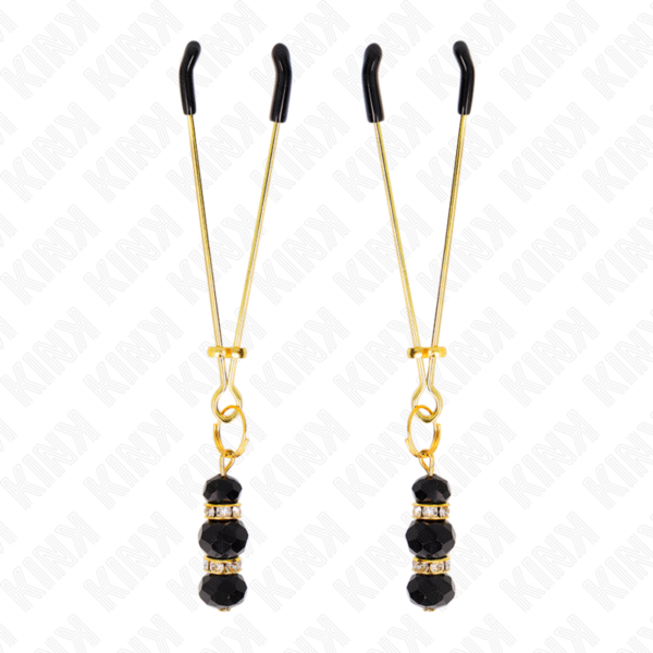 KINK - GOLD THIN NIPPLE CLAMPS WITH 3 BLACK GLASS BEADS 7 CM - Image 2