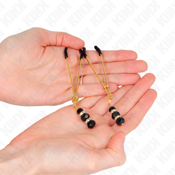 KINK - GOLD THIN NIPPLE CLAMPS WITH 3 BLACK GLASS BEADS 7 CM - Image 3