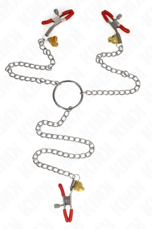 KINK - BELL TRIPLE NIPPLE AND CLIT CLAMPS RED WITH CHAIN 30 CM