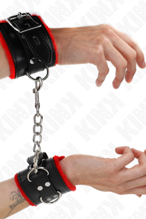 KINK - FUR LINED WRIST RESTRAINTS WITH SQUARE HOLES RED AND BLACK BELT ADJUSTABLE 17-29 CM X 6 CM