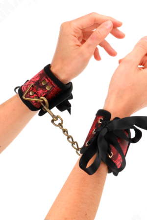 KINK - SCANDAL WRIST RESTRAINTS RED-BLACK LACE DETAILS 24.5 CM X 6.5 CM