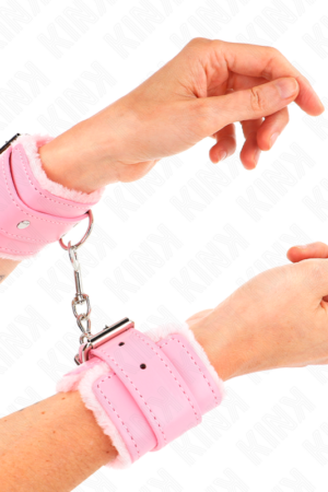 KINK - FUR LINED WRIST RESTRAINTS PINK WITH PINK BELT ADJUSTABLE 17-29 CM X 6 CM