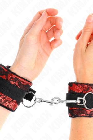 KINK - SHORT VELVET LACE WRIST RESTRAINTS AND NYLON BIND RED / BLACK 23 X 6.5 CM