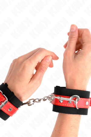 KINK - NYLON WRIST RESTRAINTS BLACK WITH LEATHERETTE RED ADJUSTABLE 19-24 CM X 5.5 CM