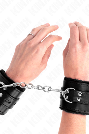KINK - FUR LINED WRIST RESTRAINTS WITH SQUARE HOLES BLACK AND BLACK BELT ADJUSTABLE 17-29 CM X 6 CM