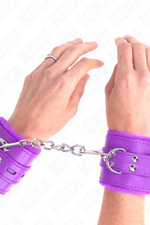 KINK - FUR LINED WRIST RESTRAINTS WITH SQUARE HOLES PURPLE AND PURPLE BELT ADJUSTABLE 17-29 CM X 6 CM