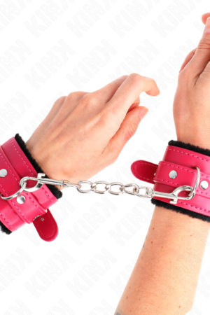 KINK - PREMIUM FUR LINED WRIST RESTRAINTS BLACK WITH RASPBERRY ROSE BELT ADJUSTABLE 17-29 CM X 6 CM