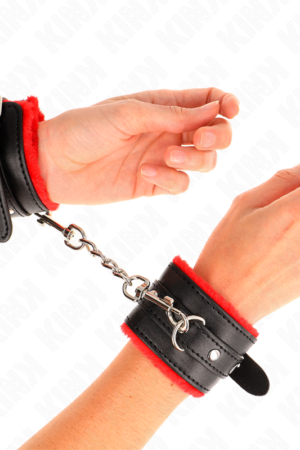 KINK - PREMIUM FUR LINED WRIST RESTRAINTS RED WITH BLACK BELT ADJUSTABLE 17-29 CM X 6 CM