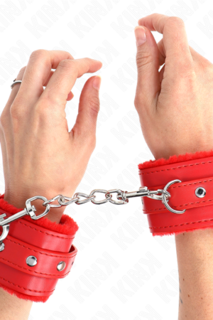 KINK - PREMIUM FUR LINED WRIST RESTRAINTS RED WITH RED BELT ADJUSTABLE 17-29 CM X 6 CM