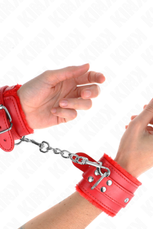 KINK - FUR LINED WRIST RESTRAINTS RED WITH RED BELT ADJUSTABLE 17-29 CM X 6 CM