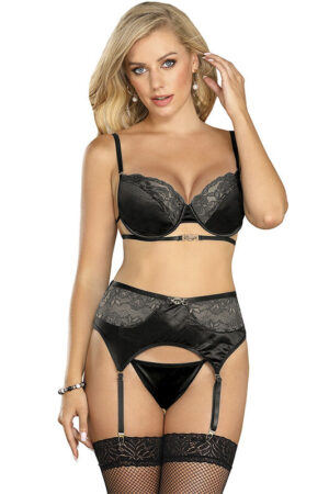 SUBBLIME - SET DE 3 PIEZAS SUJETADOR + TANGA + LIGA ENCAJE NEGRO S/M