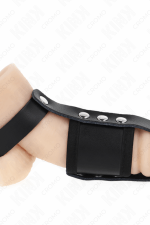 KINK - LEATHER PENIS CAGE RING WITH ADJUSTABLE COATED BALL DIVIDER STRAP