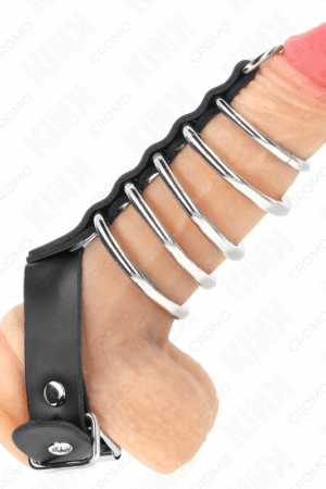 KINK - LEATHER PENIS RING WITH LOCK STRAP 21 X 2 CM AND 5 METAL RINGS FROM 3 CM TO 4 CM