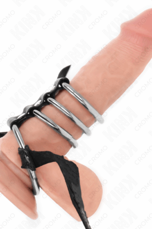 KINK - 4 CONNECTED METAL PENIS RINGS 3.8 CM TO 5 CM WITH LEATHER BELT 112 CM