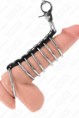 KINK - 7 METAL PENIS RINGS 3.8 CM TO 5 CM CONNECTED WITH LEATHER AND METAL CHAIN 100 CM