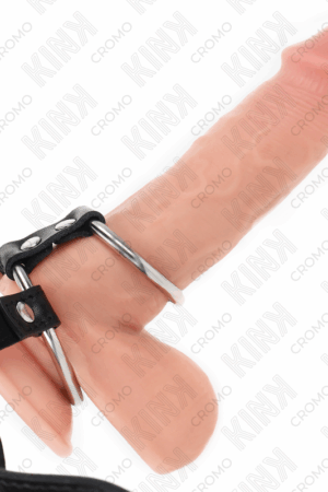 KINK - DOUBLE METAL PENIS RING 3.8 CM TO 5 CM WITH LEATHER BELT 112 CM