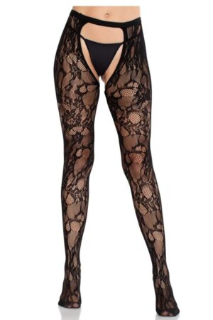 LEG AVENUE - ROSE LACE STOCKINGS WITH OPEN BACK BLACK