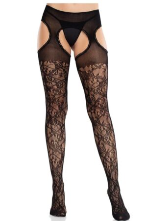 LEG AVENUE - FLORAL LACE STOCKINGS WITH GARTERS UNITED BLACK
