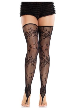 LEG AVENUE - FLORAL LACE FOOTLESS STOCKINGS BLACK