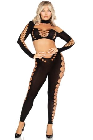 LEG AVENUE - CROP TOP AND LEGGINGS CUT-OUT SEAMLESS BLACK