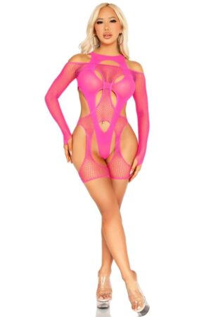 LEG AVENUE - FISHNET BODYSTOCKING WITH GARTER BELT AND HARNESS NEON PINK