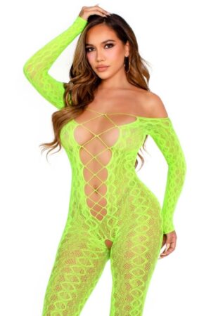 LEG AVENUE - CROTCHLESS BODYSTOCKING EXOTIC SNAKE LACE NEON GREEN