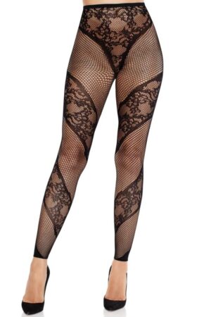 LEG AVENUE - LACE AND SHEER FOOTLESS TIGHTS BLACK