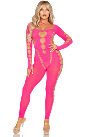 LEG AVENUE - PINK OPEN BACK BODYSTOCKING ONE SIZE