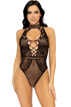 LEG AVENUE - NET AND LACE KEYHOLE HALTER BODYSUIT ONE SIZE