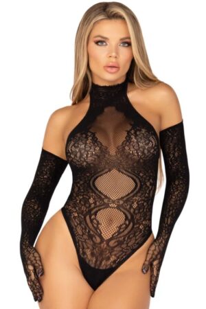 LEG AVENUE - 89363 OPEN BACK BODYSUIT + EXTRA LONG GLOVES SET - ONE SIZE
